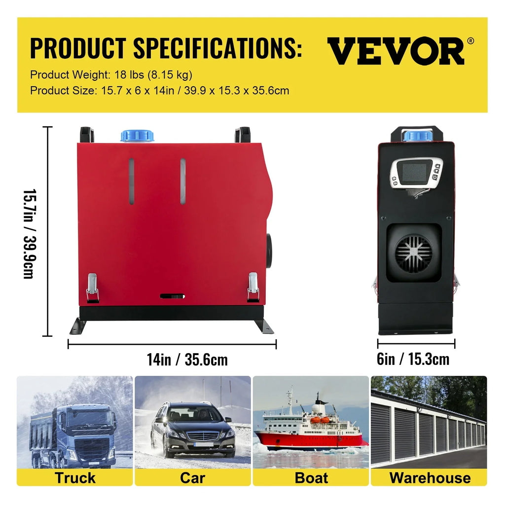 VEVORbrand Diesel Air Heater All in One 12V 8KW, Diesel Parking with  Switch, Silencer, Wireless Control and One Air Outlet for Car, Bus, Truck, Boat Trailer Motorhomes Engineering Vehicles