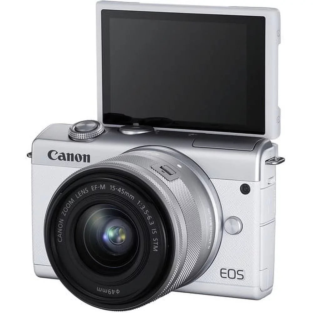 Canon  M200 Mirrorless Digital Camera with 15-45mm Lens (White) Kit with Spare Battery + 2x 64GB Memory Cards + Tripod + More