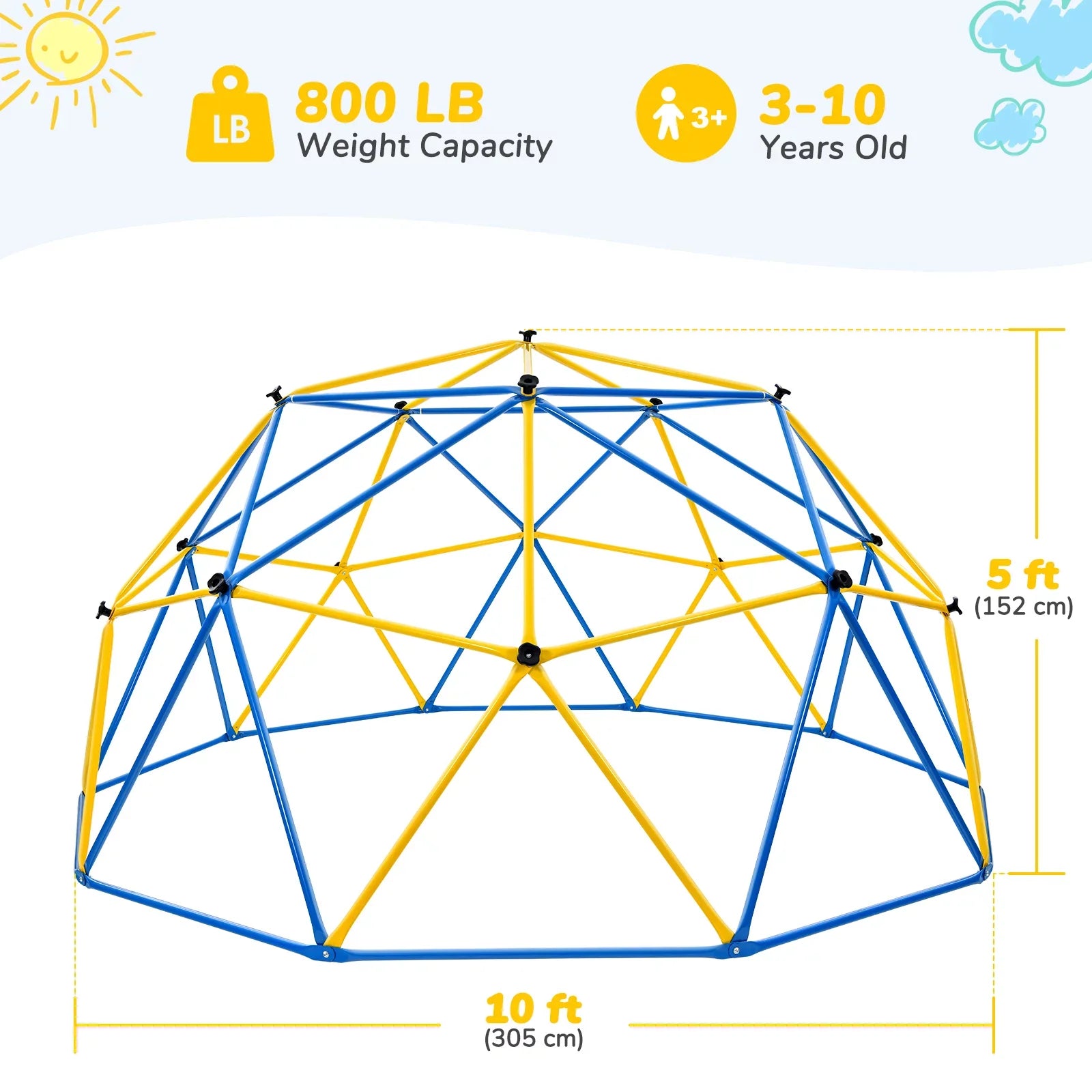 800 lbs Dome Climber with Canopy 10FT Steel Frame Climbing Dome with Swing and Hammock For Kids