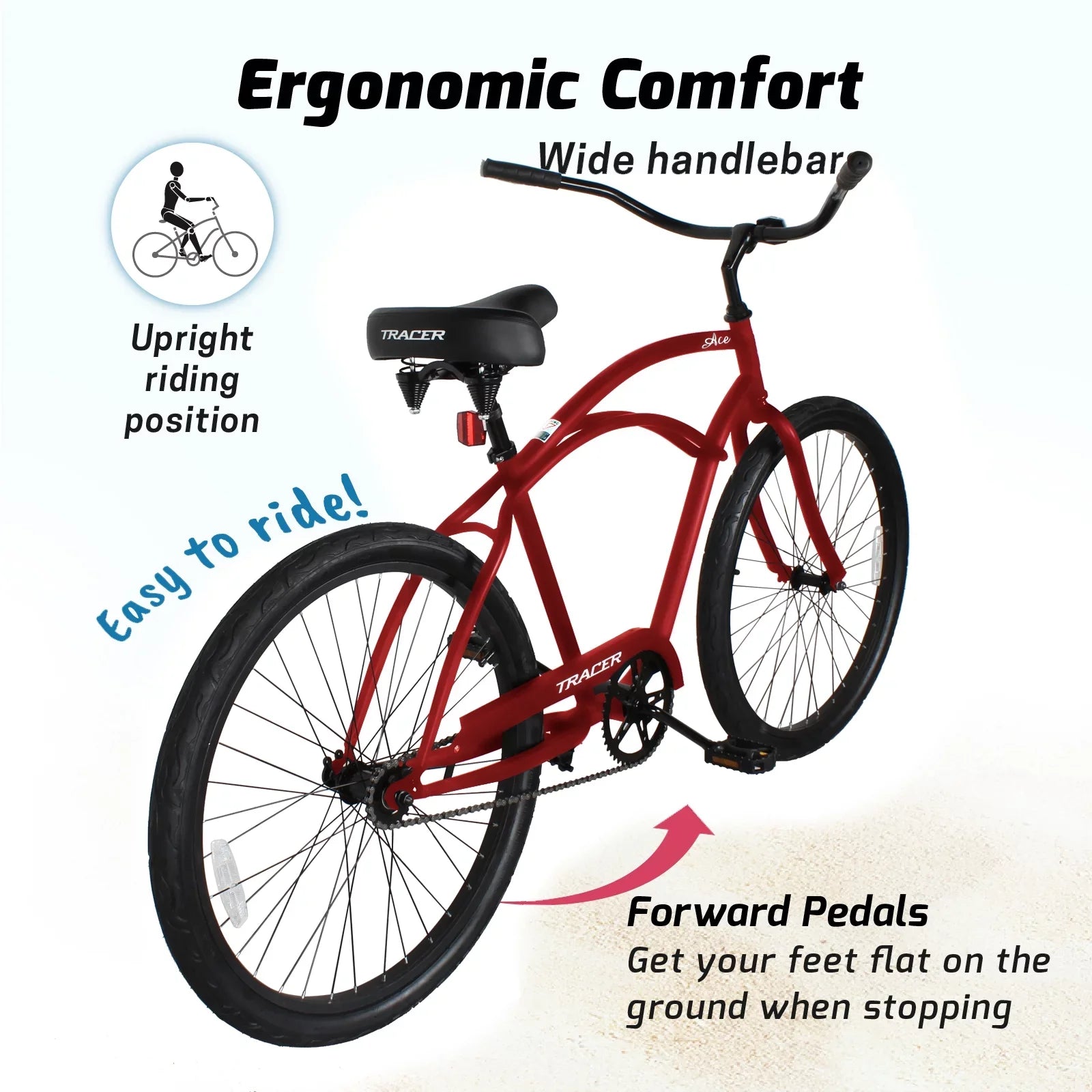Tracer Ace 26 Inch Beach Cruiser Bikes Single Speed with Coaster Brake for Men - Red
