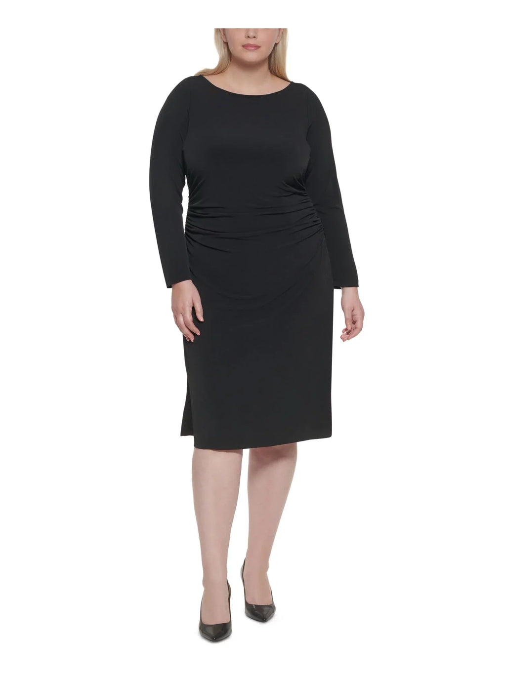Womens Black Stretch Ruched Zippered Long Sleeve Round Neck Midi Wear To Work Sheath Dress Plus 16W