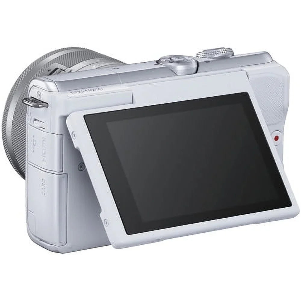 Canon  M200 Mirrorless Digital Camera with 15-45mm Lens (White) Kit with Spare Battery + 2x 64GB Memory Cards + Tripod + More