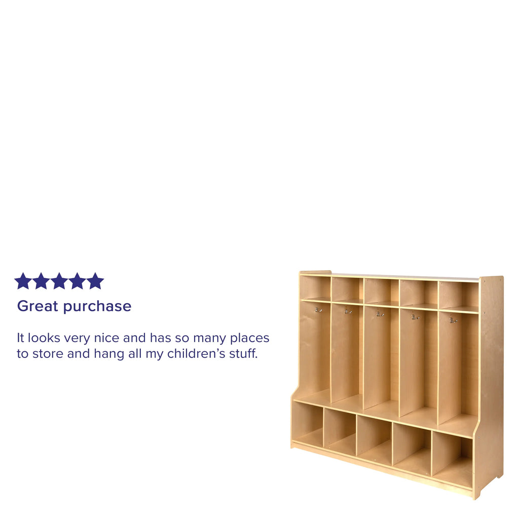 BizChair Wooden 5 Section School Coat Locker with Bench, Cubbies, and Storage Organizer Hook-Safe, Kid Friendly Design - 48"H x 48"L (Natural)