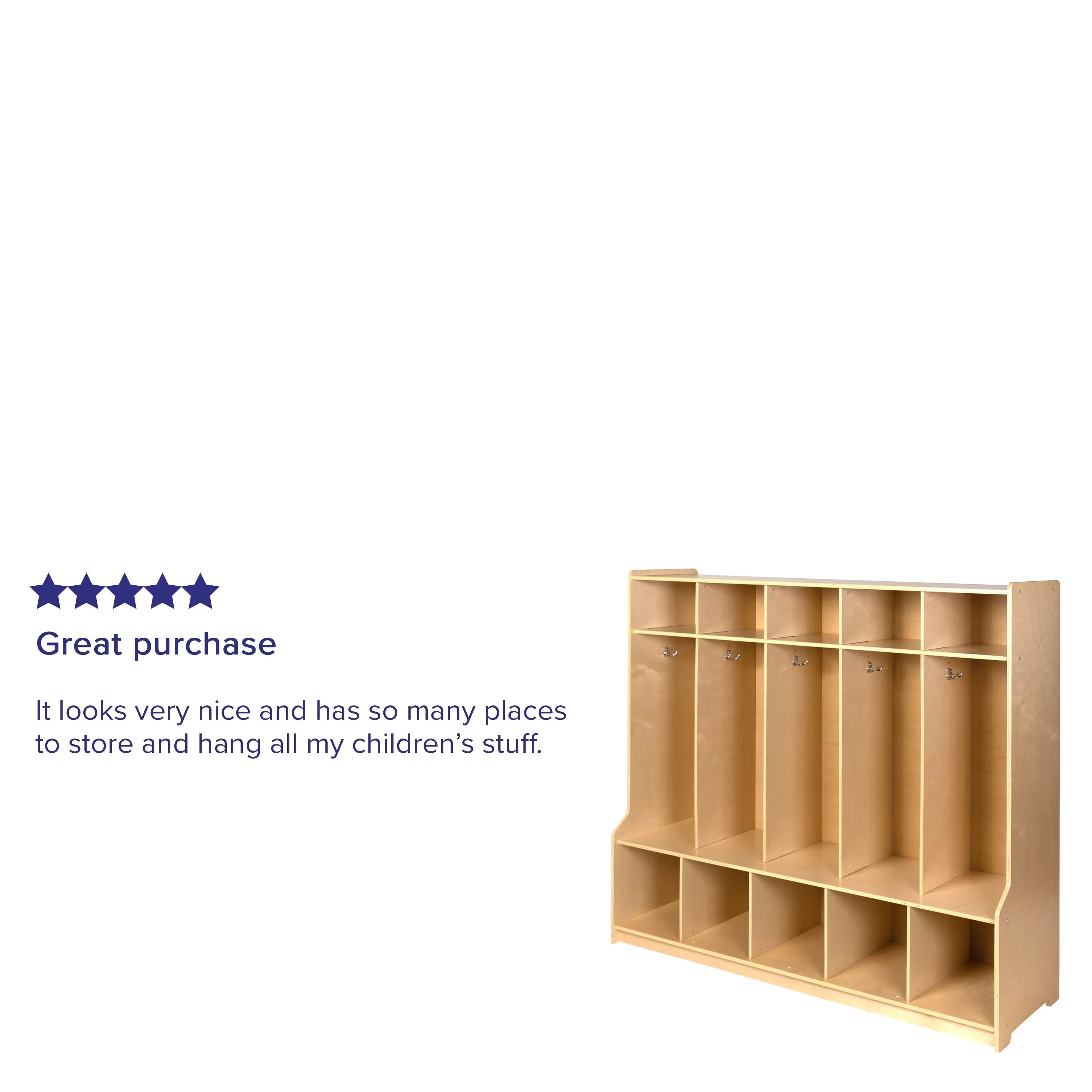 BizChair Wooden 5 Section School Coat Locker with Bench, Cubbies, and Storage Organizer Hook-Safe, Kid Friendly Design - 48"H x 48"L (Natural)