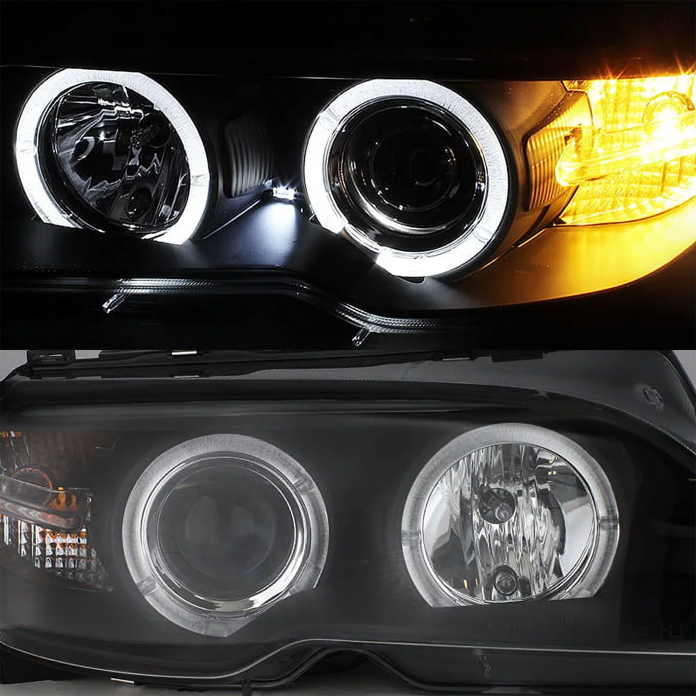 '- For  E46 3-Series 2 Doors Coupe Black Halo Ring  Projector Replacement Headlights  +  Lamps