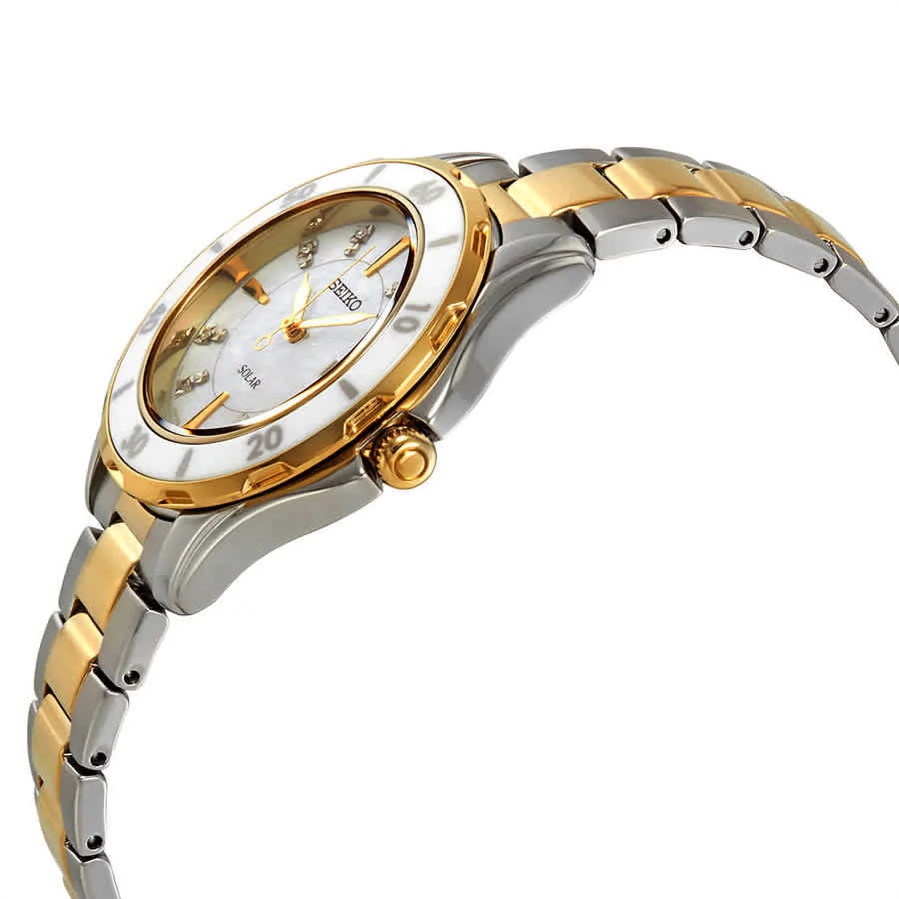 Seiko SUT338 Solar Two Tone Diamond Accent Mother of Pearl Dial Women's Watch