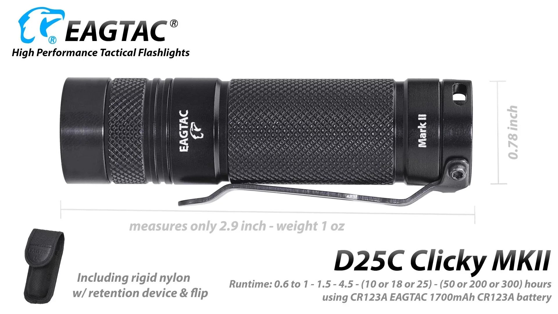 Eagletac D25C  Nichia 219C CRI92  Flashlight - 510 Lumen,  120 meter throw