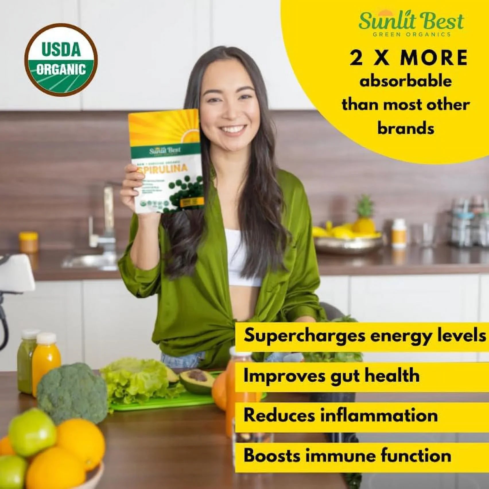 Sunlit Best -  Organic Spirulina Tablet - Natural Super Greens Supplements for Immune Support, Gut Health & Energy Drink Tablets with Chlorophyll, Vegan & High Protein Non , 1000 Superfood Tab