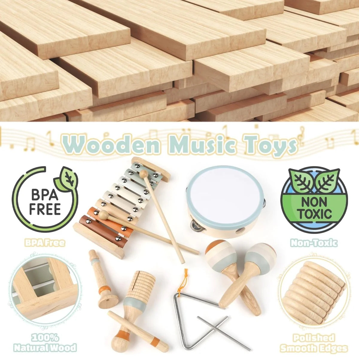 Montessori Wooden Music Set with Drum, Xylophone, Maracas for Kids