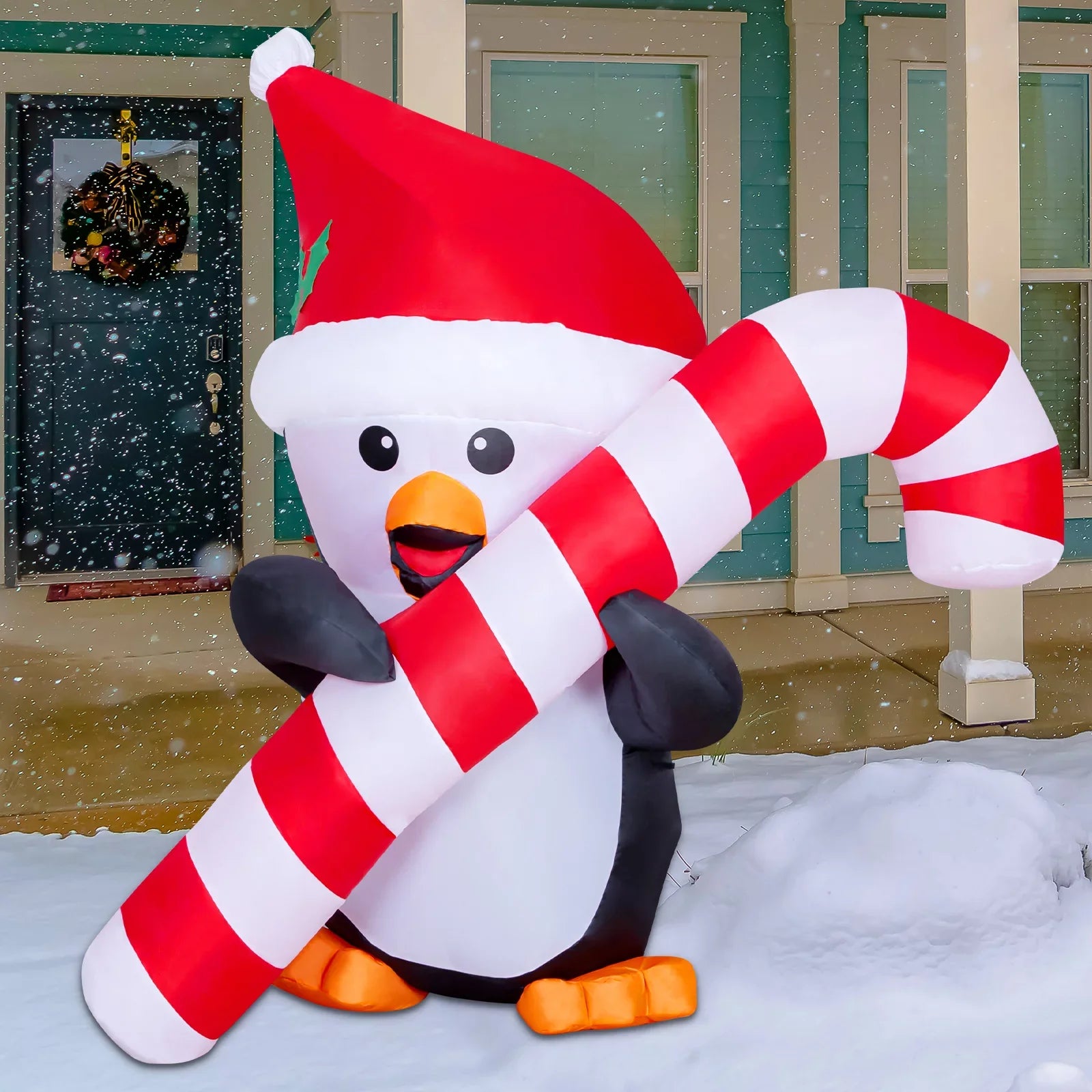 5ft Christmas Inflatables Outdoor Decorations, Blow Up Penguin with Candy Cane Inflatable Built-in LEDs for Christmas Indoor Outdoor Yard Lawn Garden Decorations