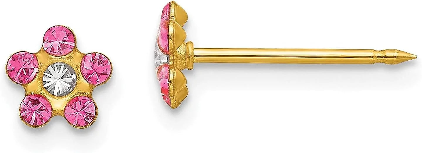 Solid Inverness 14k Yellow Gold Rose/Aurora Borealis Crystal Flower Earrings - 5mm