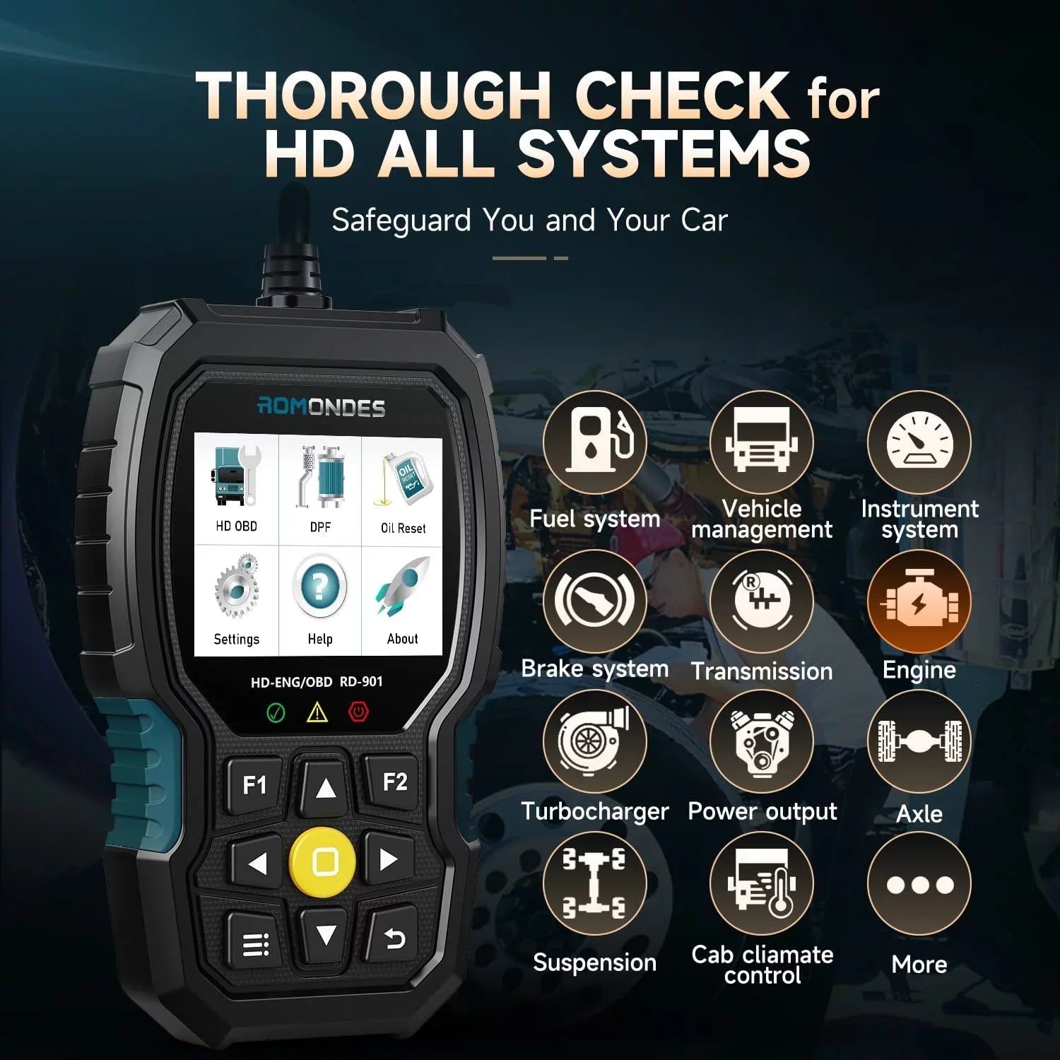 Romondes RD901 Heavy Duty Truck Scanner  OBD2 Scan Tool   Diesel Scanner All System Diagnostic Tool with  Oil Light Reset  Heavy Duty Truck  Car  2 in 1 Code Reader