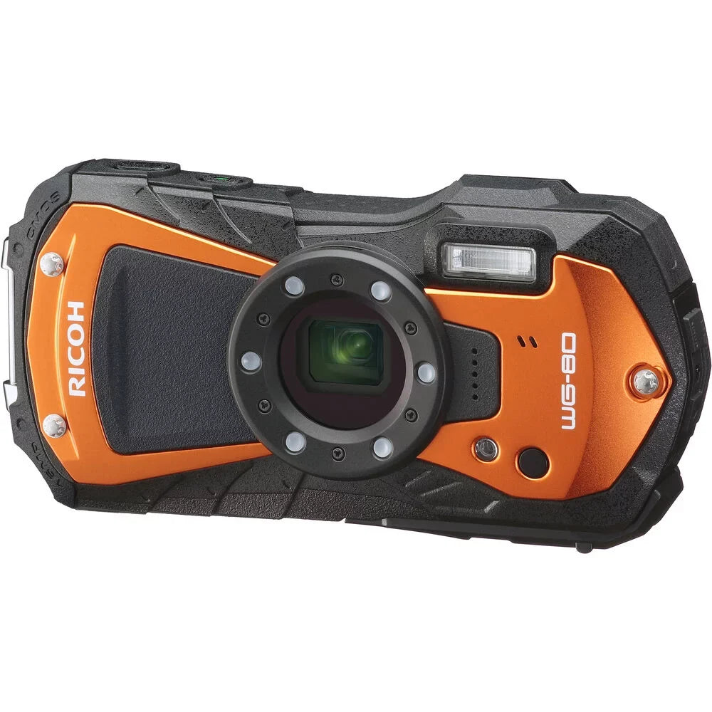 Ricoh -80 Waterproof Digital Camera (Orange) with 64GB Extreme Pro  Card + Small Case + Selfie Stick + Memory Card Wallet + Memory Card Reader + 6Ave Cleaning Kit
