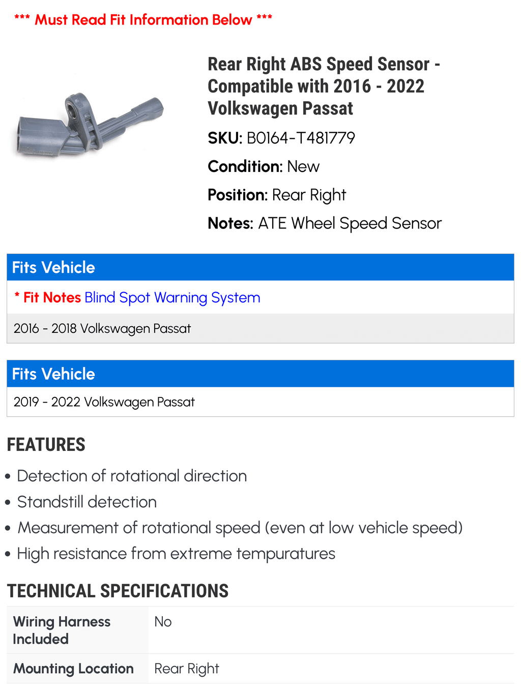 Rear Right  Speed Sensor - Compatible with 2016 - 2022 Volkswagen Passat 2017 2018 2019 2020 2021