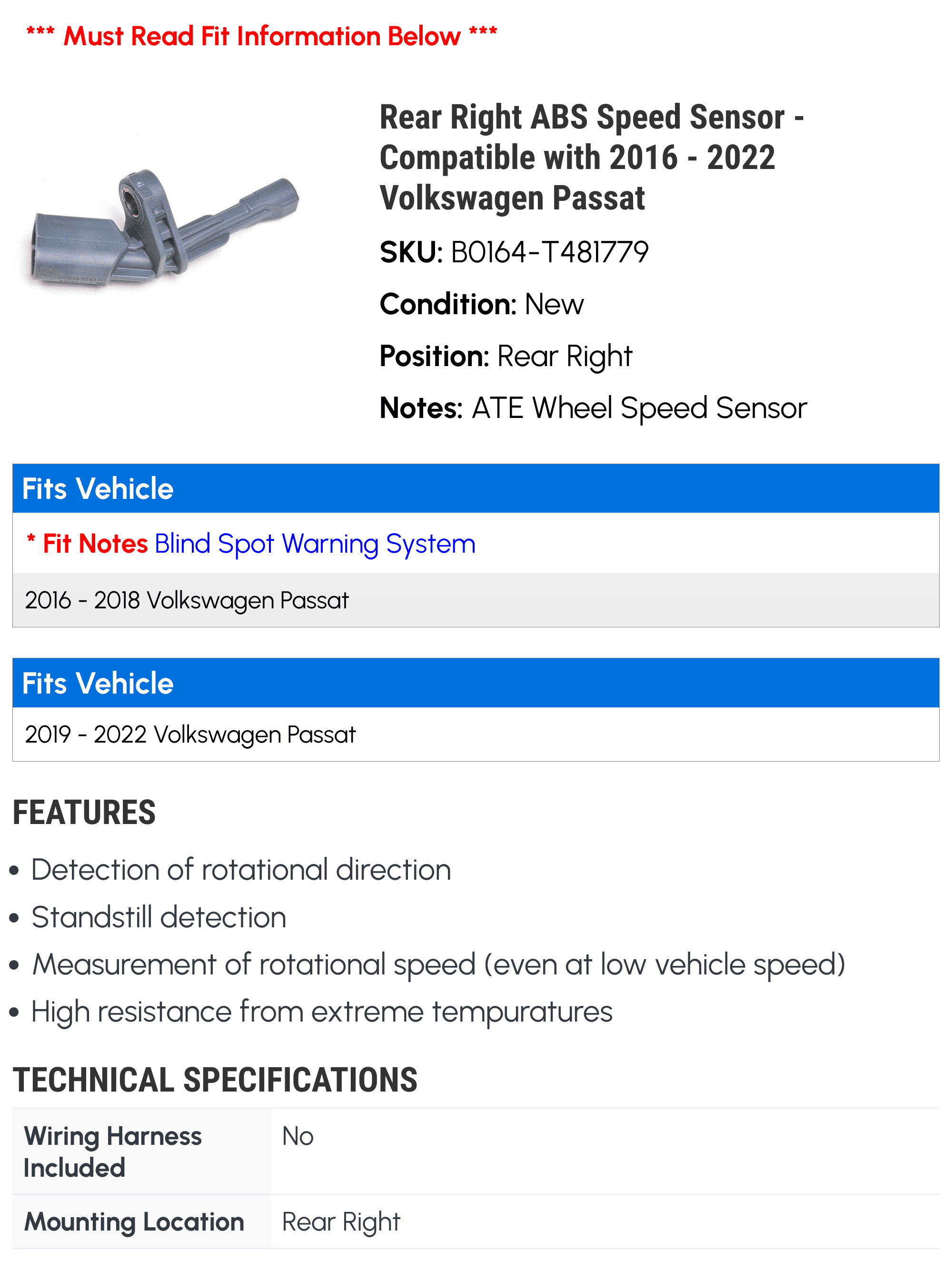 Rear Right  Speed Sensor - Compatible with 2016 - 2022 Volkswagen Passat 2017 2018 2019 2020 2021