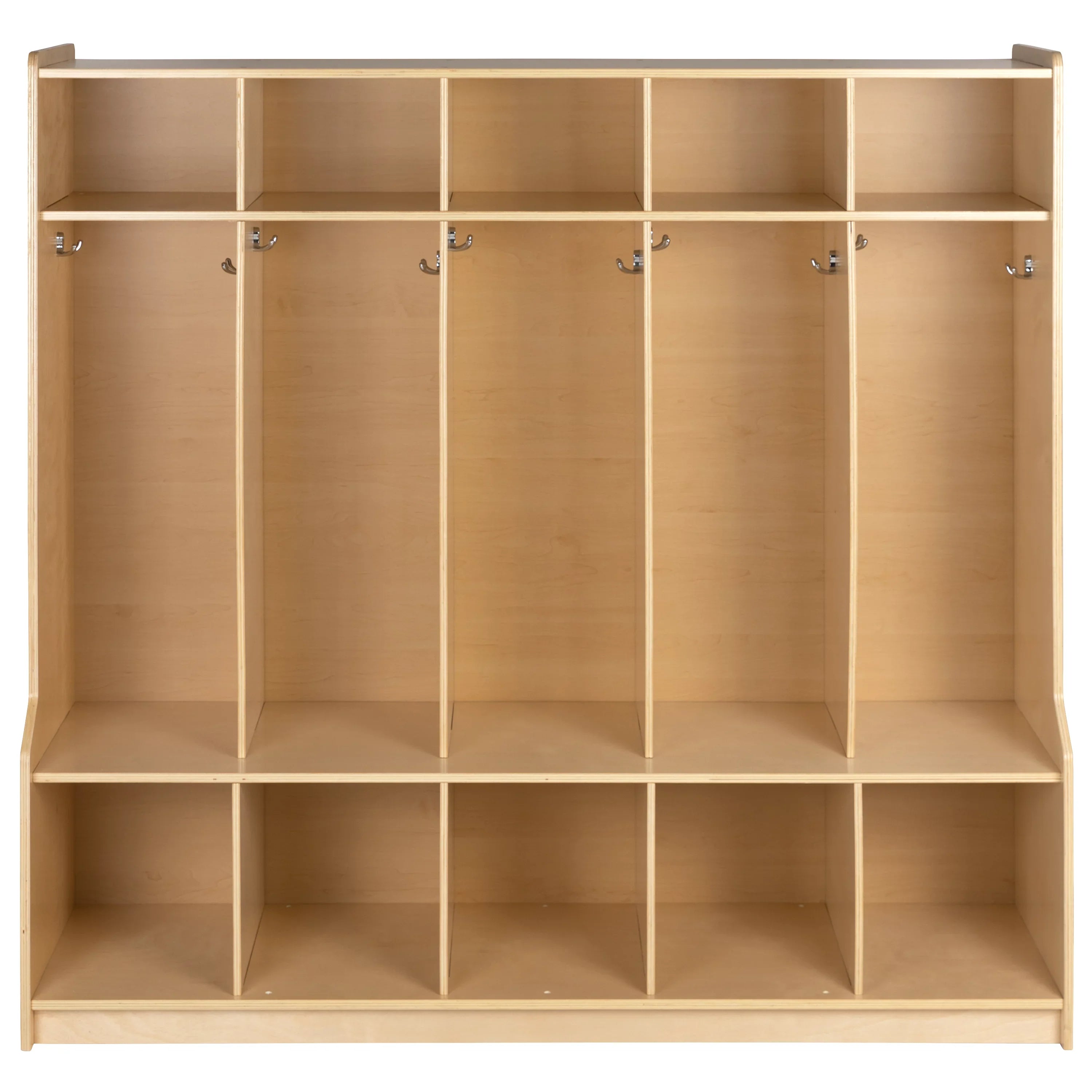 BizChair Wooden 5 Section School Coat Locker with Bench, Cubbies, and Storage Organizer Hook-Safe, Kid Friendly Design - 48"H x 48"L (Natural)