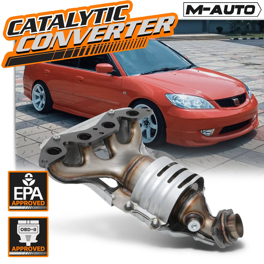 M- Catalytic Converter Exhaust Manifold with Heat Shield For 2001-2005 Honda Civic, Fits      Models with 1.7L Engine