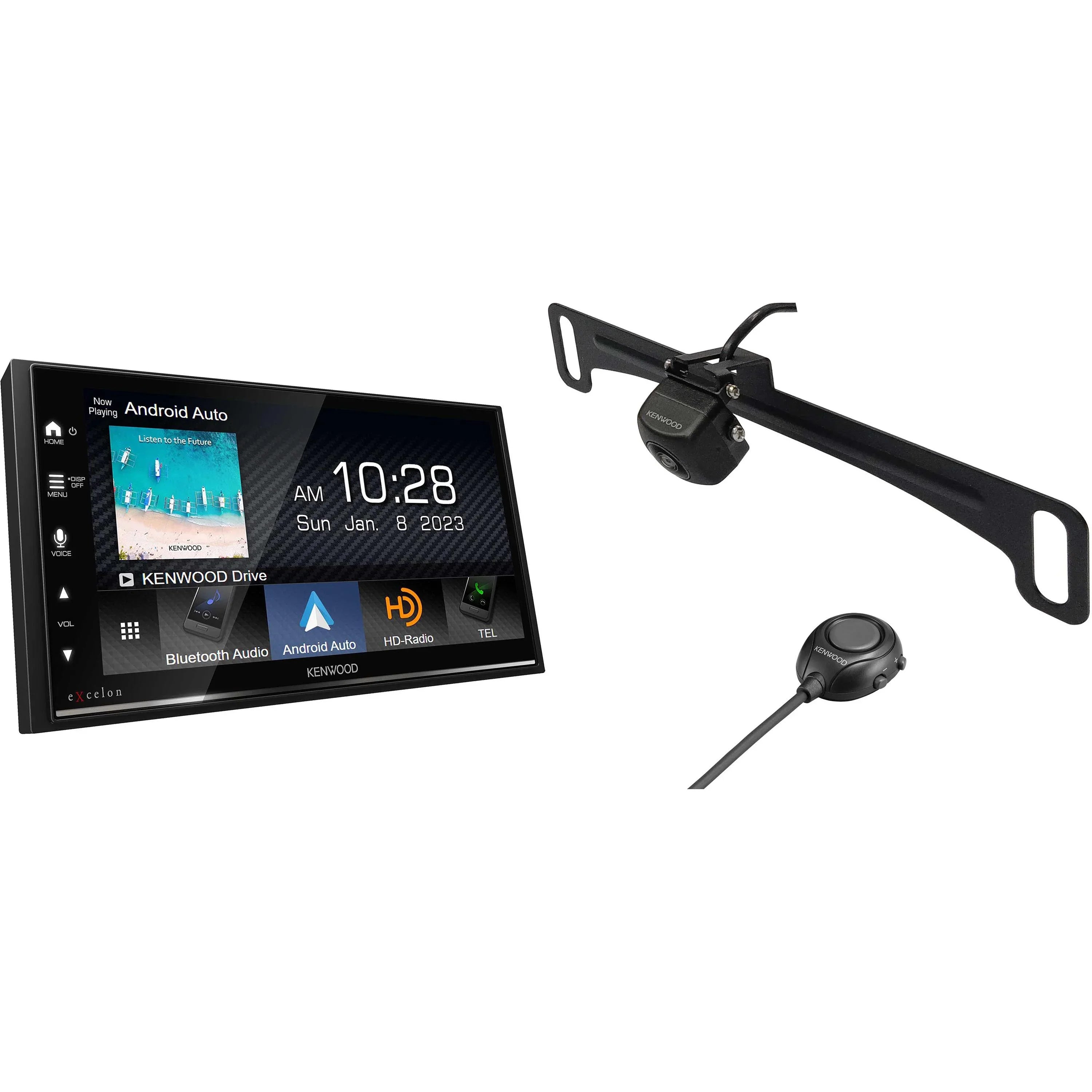 Kenwood DMX709S MultiMedia Receiver with -320LP Multi-Angle Rear View Camera with License Plate Mounting
