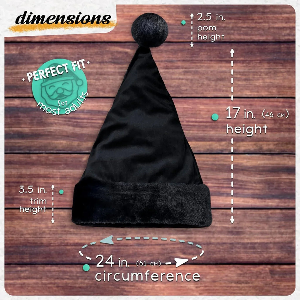 All Black Santa Hat - Faux Fur Black Trim - Gothic Xmas Accessory, Goth Christmas Hat - Adult, 1 Size