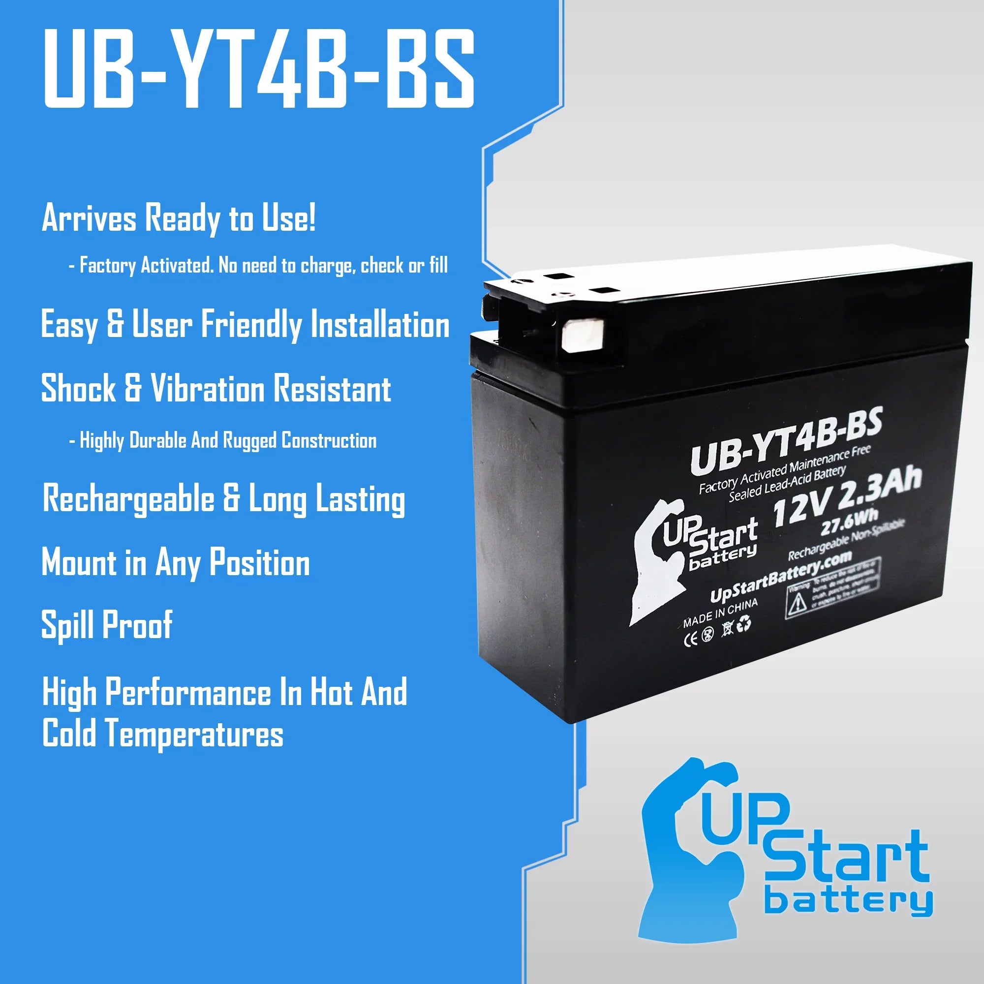 5-Pack UpStart Battery Replacement for 2005 Yamaha SR400 400CC Factory Activated, Maintenance Free, Motorcycle Battery - 12V, 2.3Ah, -YT4B-