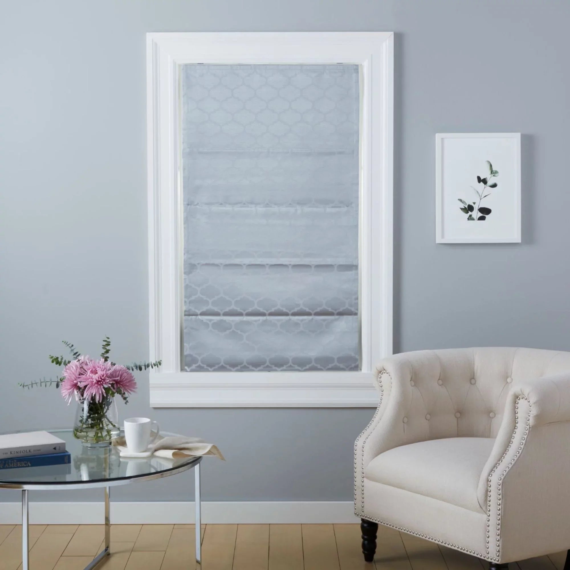 Exclusive Home Montague Trellis Total Blackout Roman Shade, 34"x64", Silver