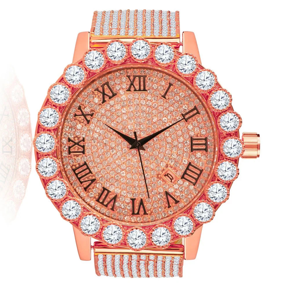 Roman Dial Solitaire Bezel Men's Lab Diamond 18K Rose Gold Finish Stainless Steel Back 10 Row Iced Out Band Custom Khronos Watch W/Date