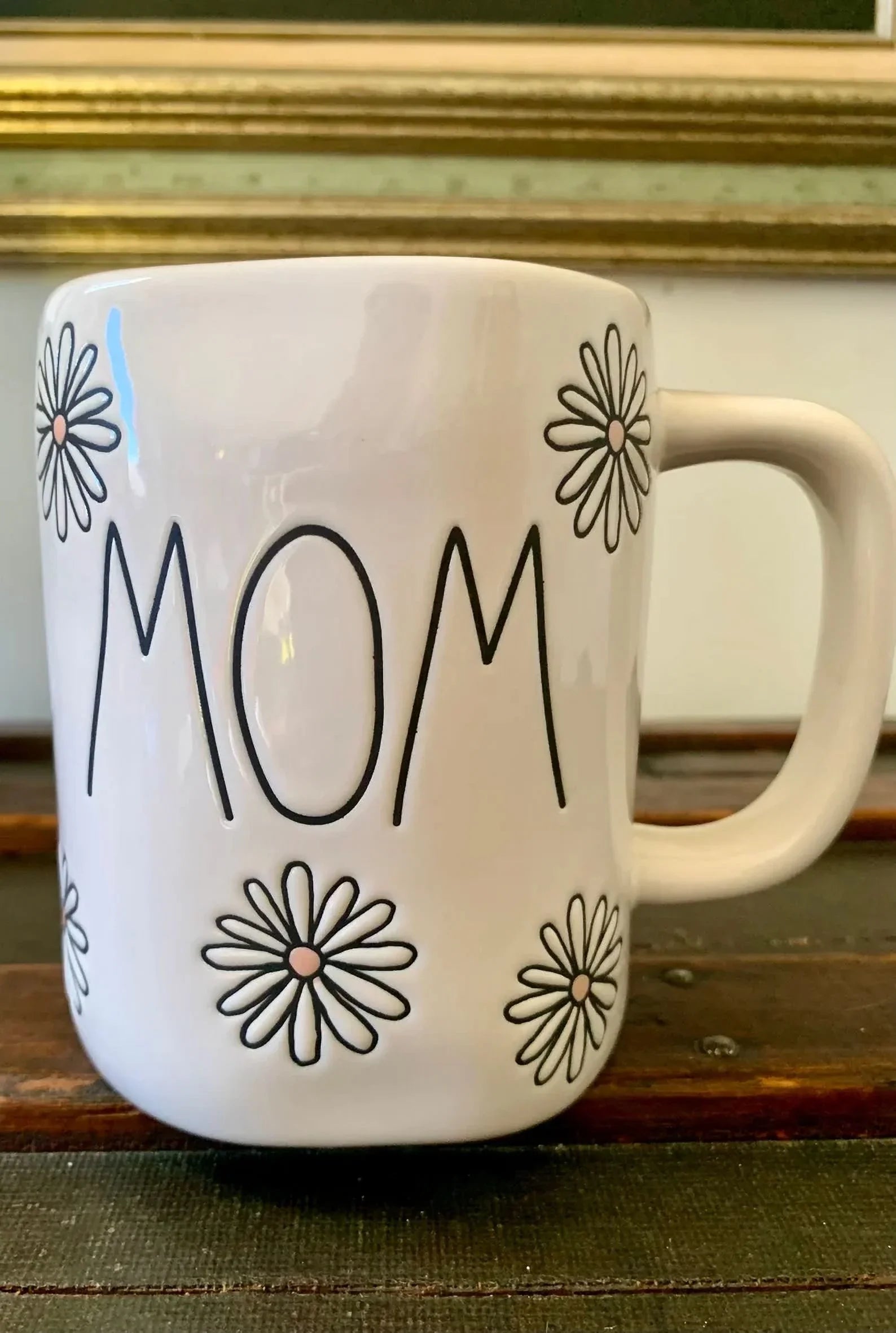 Rae Dunn  Ivory Ceramic Mug Black  Letters Black Daisys 16 oz dishwasher safe may get hot in Microwave Mother's Day