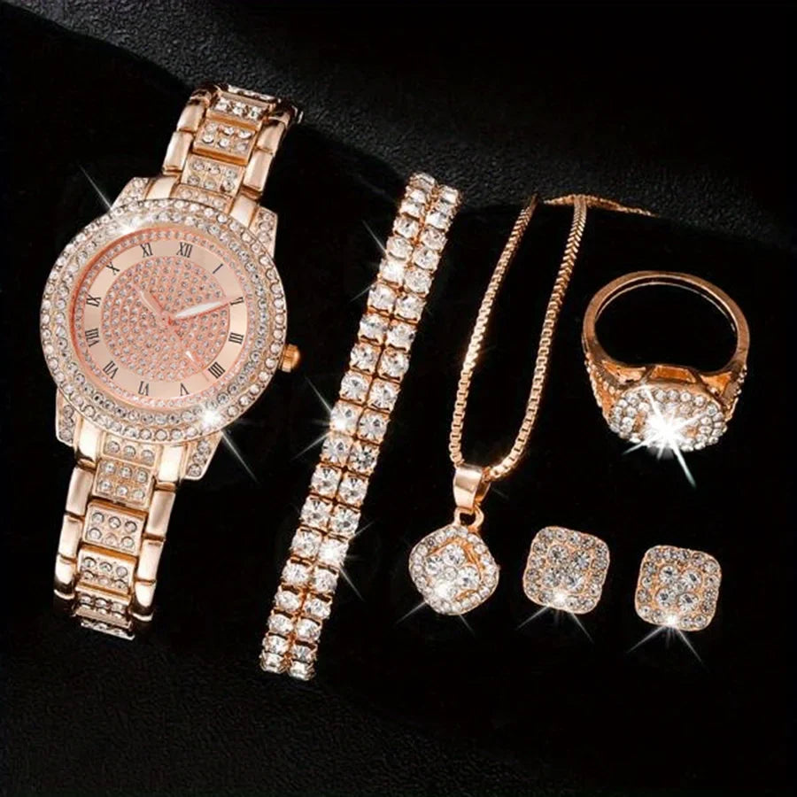 Luxury Rhinestone Quartz Watch Hiphop Fashion Analog Wrist Watch & 6pcs Jewelry Set, Gift For Women Her