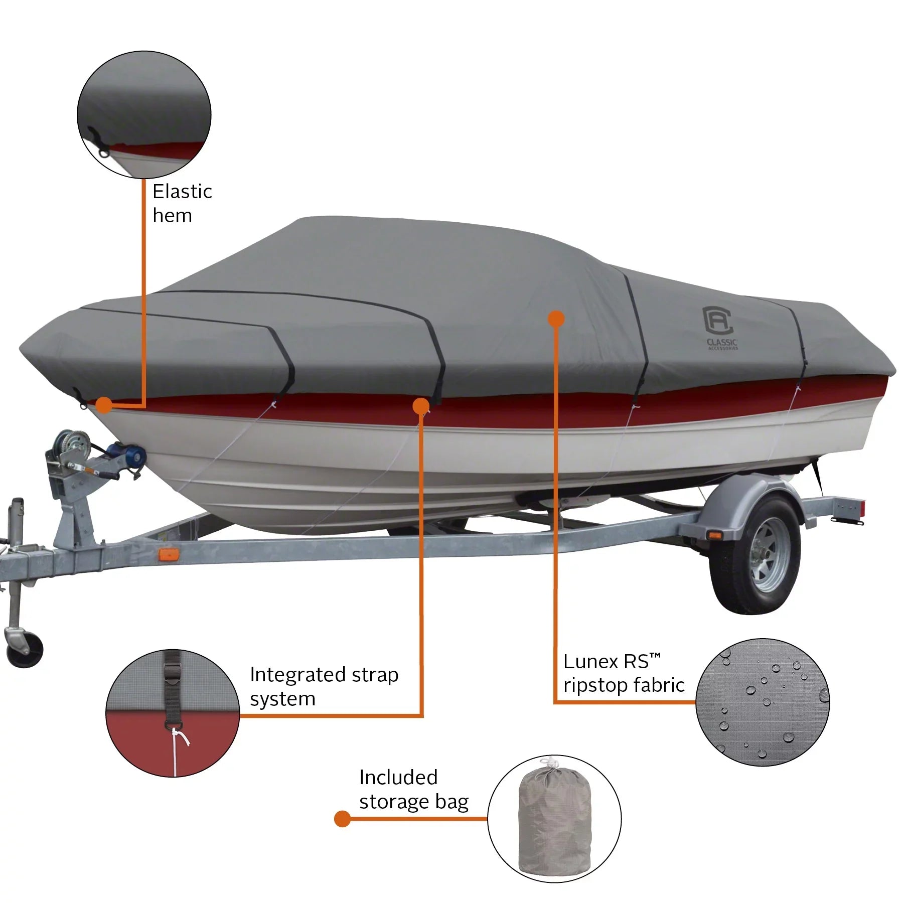 Classic Accessories Lunex -1™ Boat Cover, Fits Boats 16' - 18.5' L x 98" W, Trailerable Boat Cover with All-Weather Ripstop Fabric, Model C