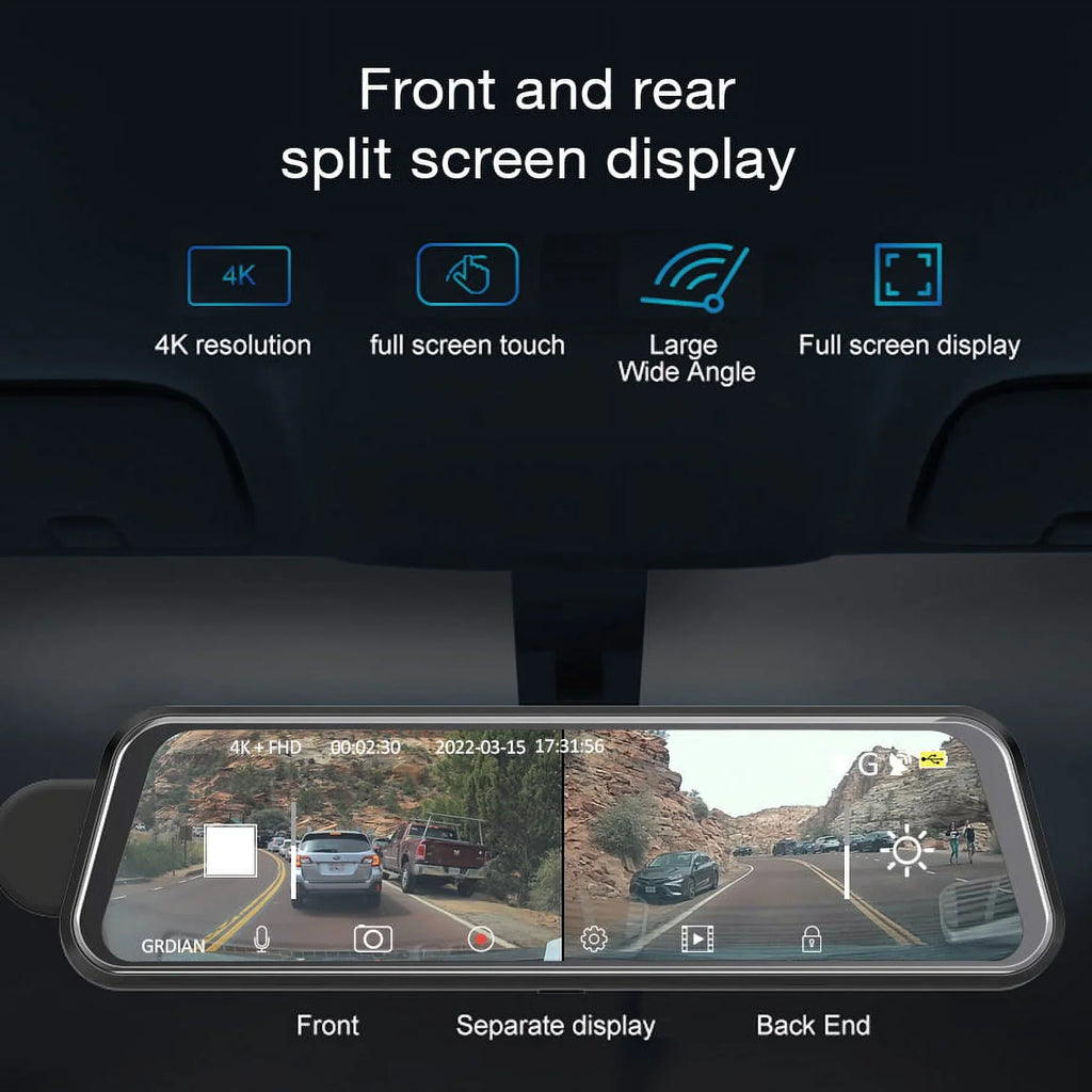 Arc4K 10" Rear-View Mirror Camera, Dual-Channel Front and Rear, Touchscreen, Parking Mode, Seamless Magnetic Mount Design