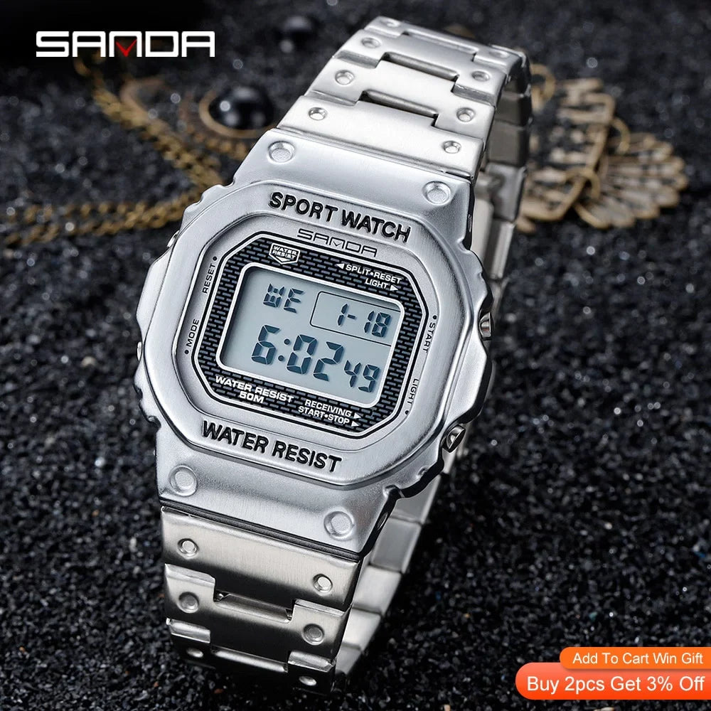 Sanda Top Brand Luxury Men's Watches Led Digital Watch Men 5atm Casual Waterproof Wristwatch Steel Clock Relogio Masculino 390 - Digital Wristwatches