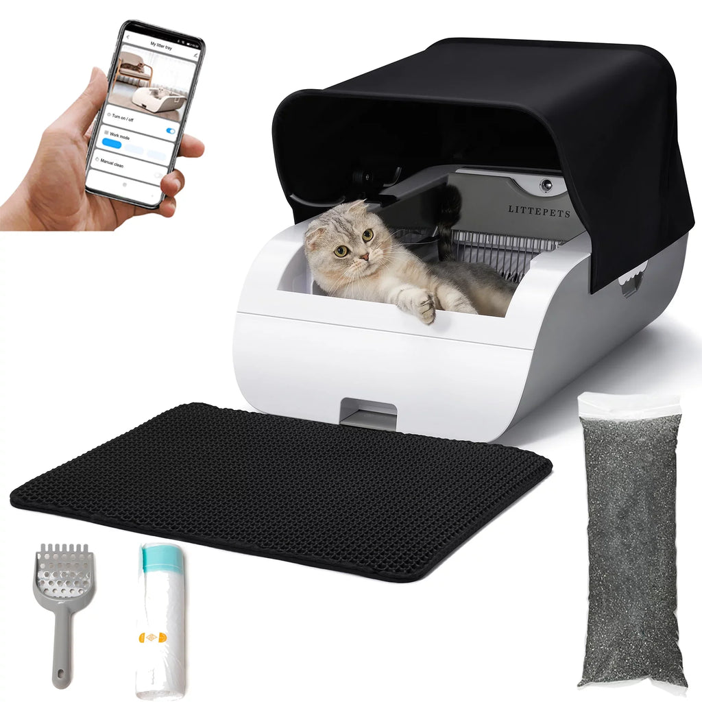 Suhaco Automatic Cat Litter Box Self Cleaning Litter Box Smart Intelligent Sensing Anti-pinch No Scooping Odor Removal  Control with Hood & Litter Mat