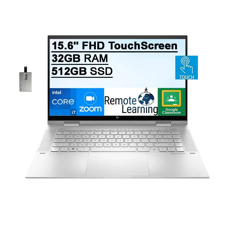 2021 Envy 2-in-1 15.6"  Touchscreen Laptop Computer, 11th Gen Intel Core i7-1195G7, 32GB , 512GB PCIe , Backlit Keyboard, Intel Iris Xe Graphics,  Webcam, Win 11, Silver, 32GB  Card