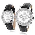 Swiss Mvt Matching His and Hers Real Diamond Watches w Black Leather Band White