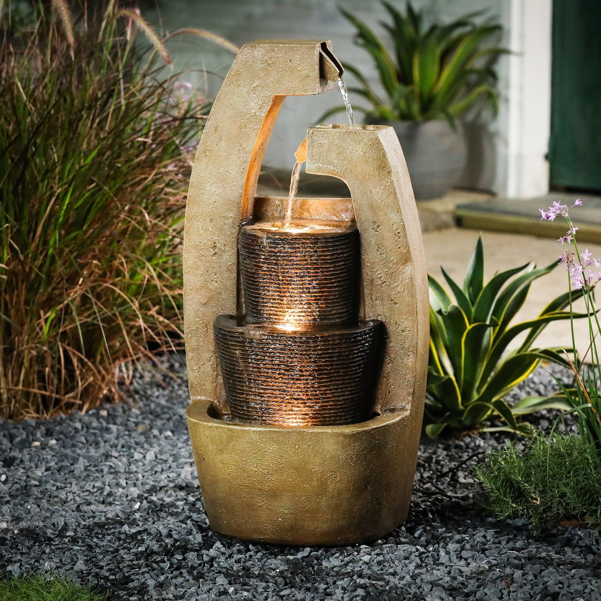LuxenHome Brown Cement Modern Sculpture Outdoor Fountain with  Light