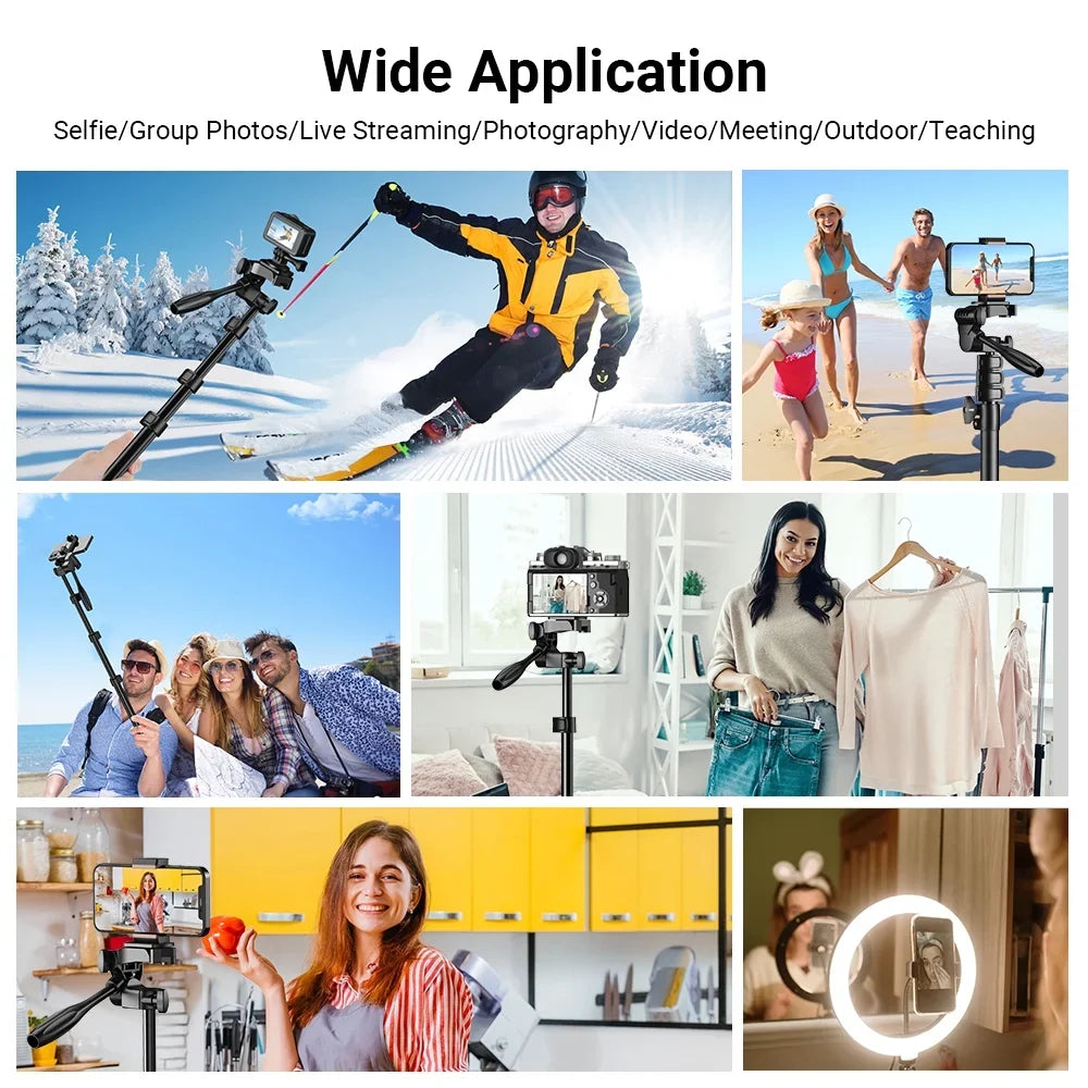 Apexel 2 in 1 Selfie Stick Tripod, Extendable Aluminum Alloy Stand with Remote Shutter, Smartphone Camera Vlog Selfie Group Photo Taking, Live Streaming Video Recording Phone
