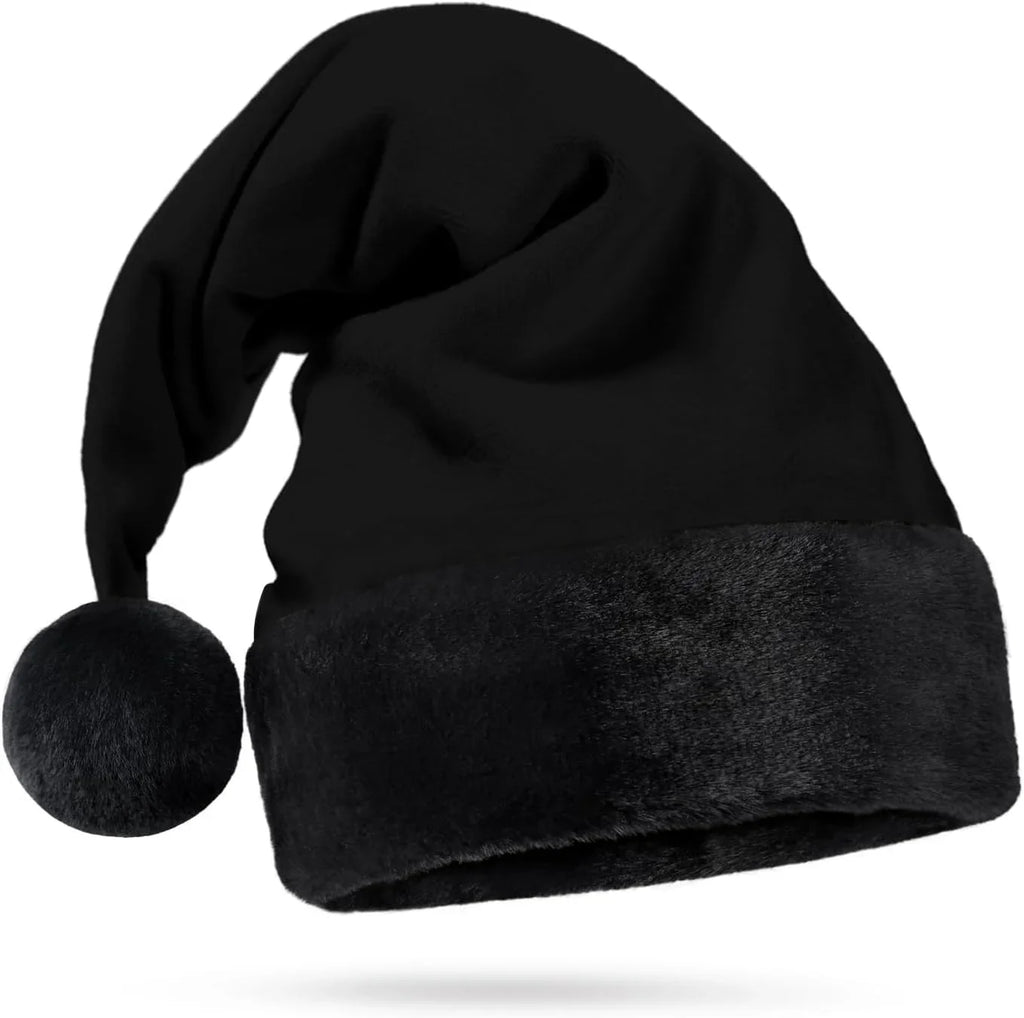 All Black Santa Hat - Faux Fur Black Trim - Gothic Xmas Accessory, Goth Christmas Hat - Adult, 1 Size
