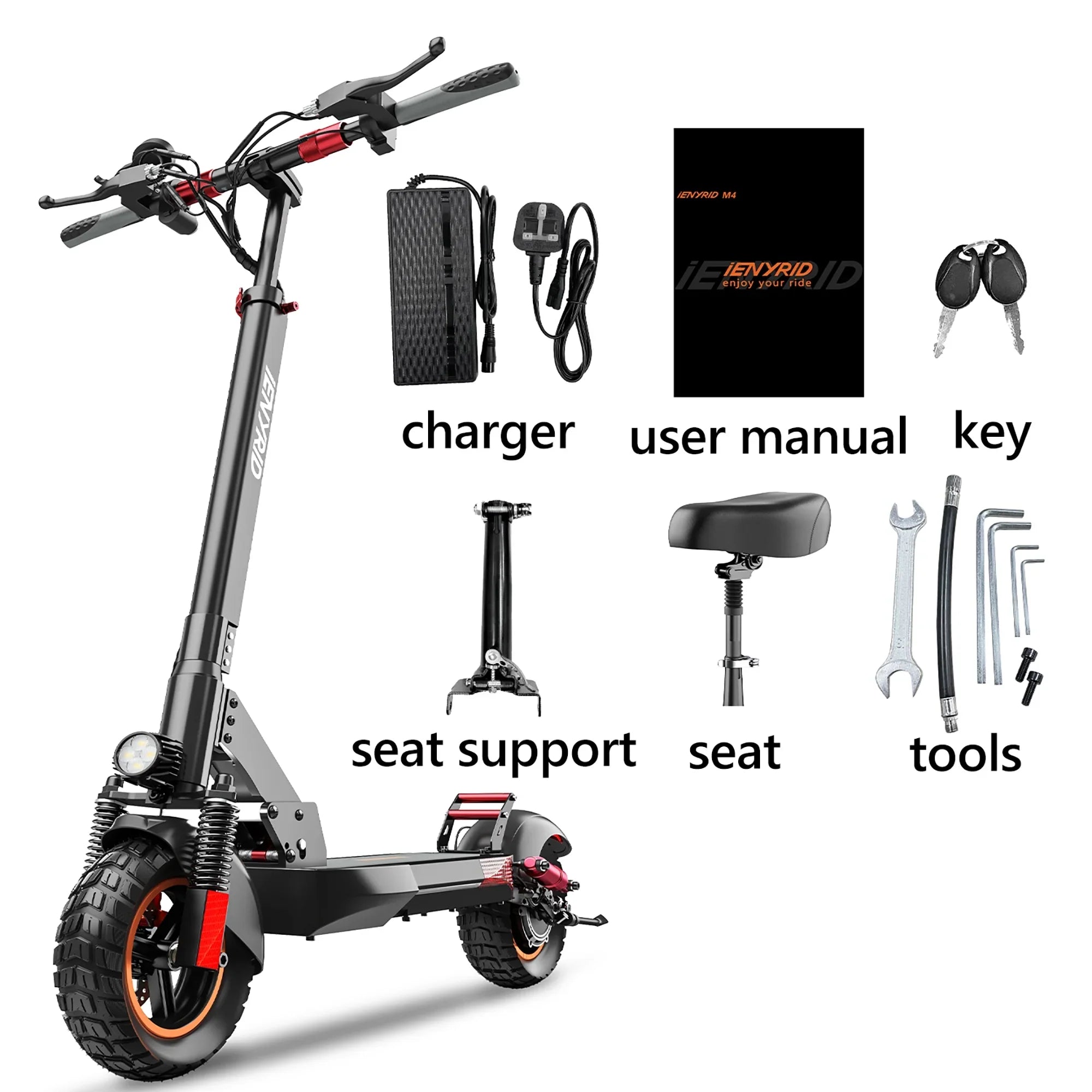 iENYRID Commuter E-Scooter Adult Electric Scooter with Seat,  Folding Adult Electric Skateboard up to 330lbs and 28 Miles Long Range, 10 inch Off Road Tires 600W(Peak 800W)