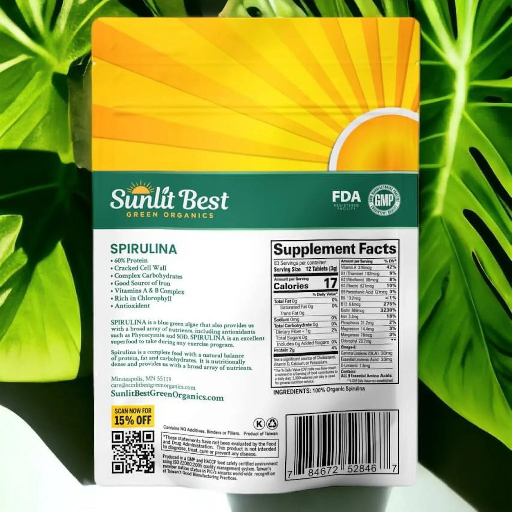 Sunlit Best -  Organic Spirulina Tablet - Natural Super Greens Supplements for Immune Support, Gut Health & Energy Drink Tablets with Chlorophyll, Vegan & High Protein Non , 1000 Superfood Tab