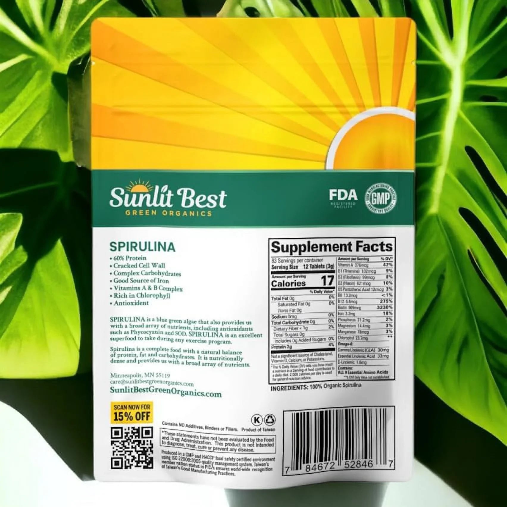 Sunlit Best -  Organic Spirulina Tablet - Natural Super Greens Supplements for Immune Support, Gut Health & Energy Drink Tablets with Chlorophyll, Vegan & High Protein Non , 1000 Superfood Tab