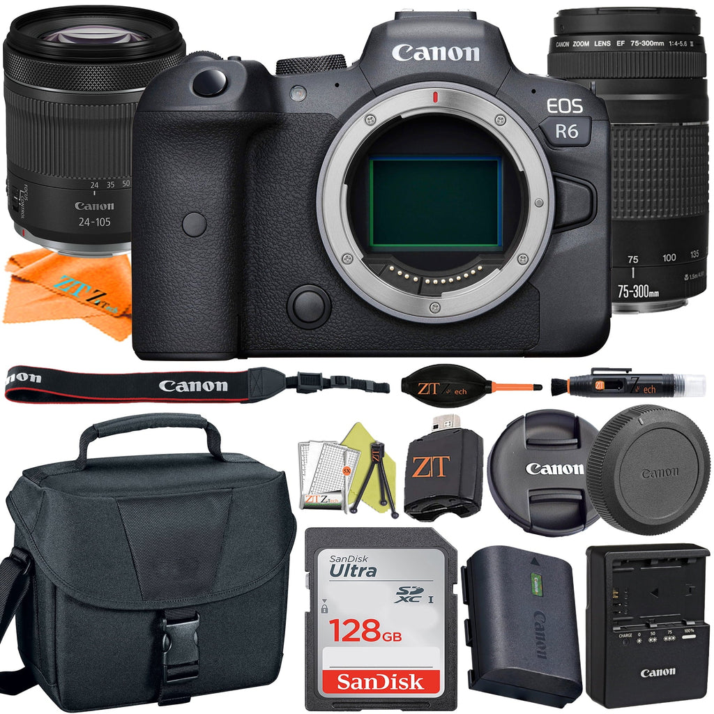 Canon  R6 Mirrorless Digital Camera with  24-105mm  + 75-300mm Lens + SanDisk 128GB Card + Case + ZeeTech Accessory
