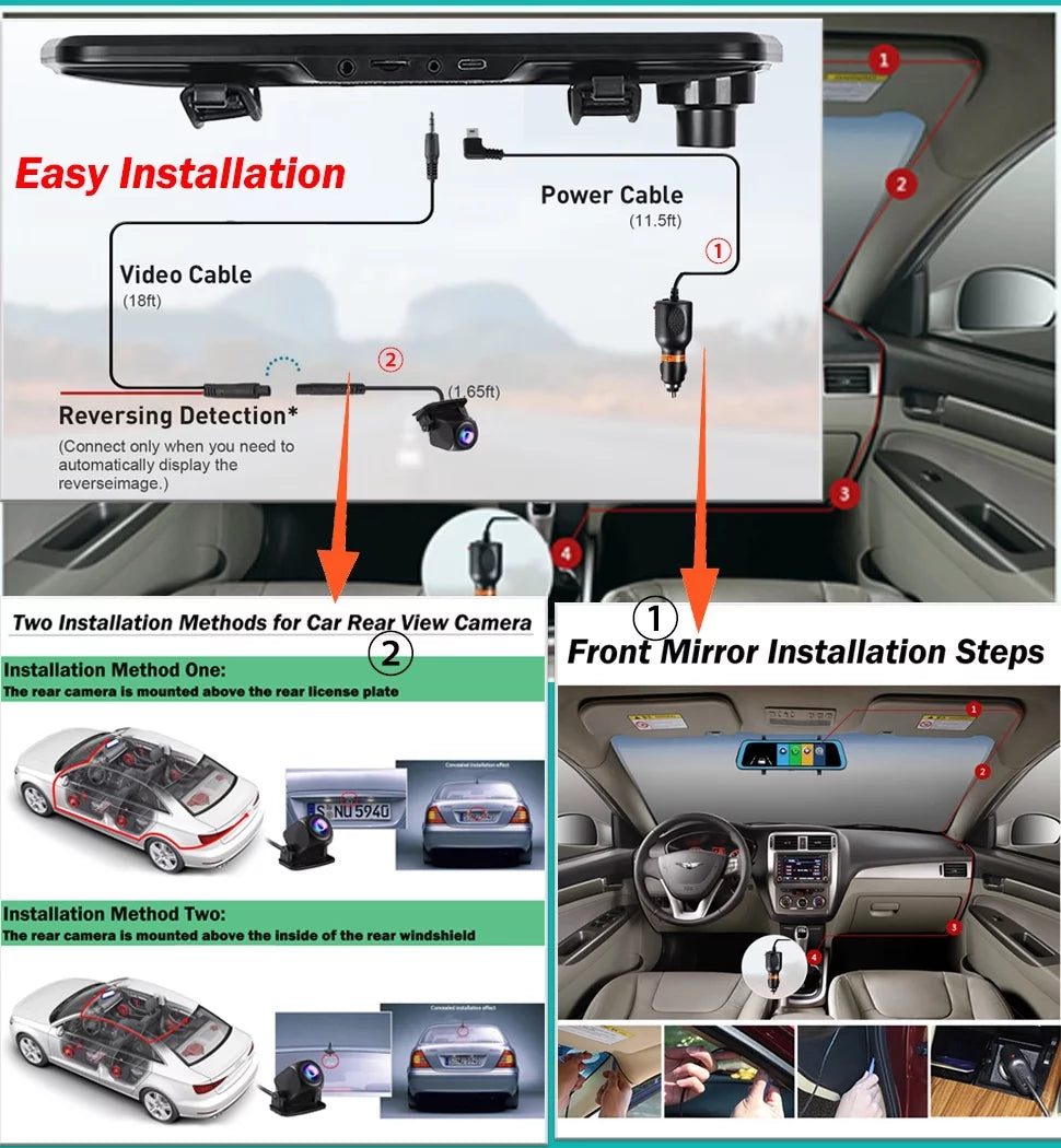 Erago Rear View Mirror Camera Kit:Rear view mirror dash cam Front and Rear  1080P for Car with 10" Full Touch Screen, Waterproof Backup  Camera, Night Vision, G-Sensor, Parking Moniter