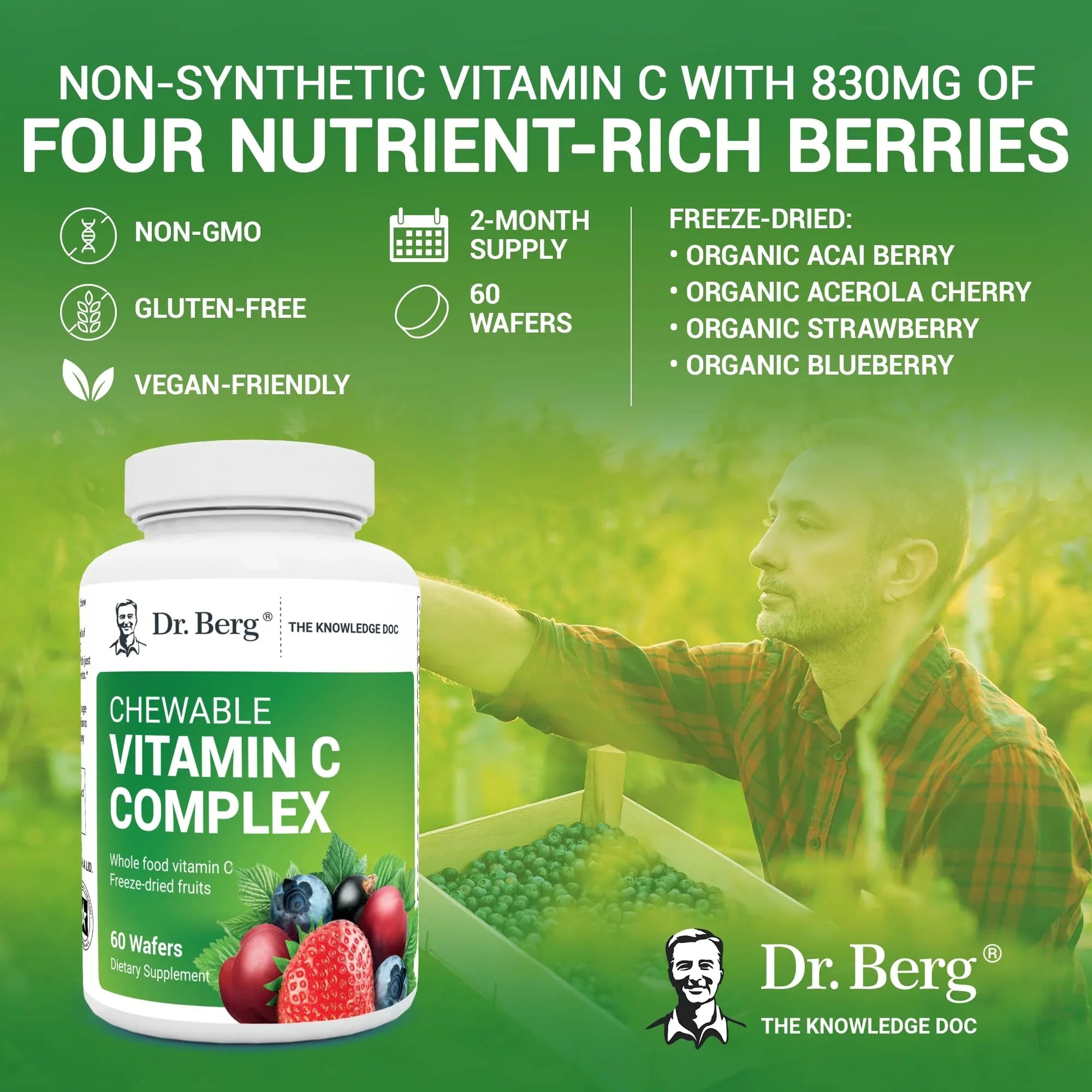 Dr. Berg Chewable Vitamin C Complex - Real Vitamin C Chewable Tablets from Berries, 60 Wafers