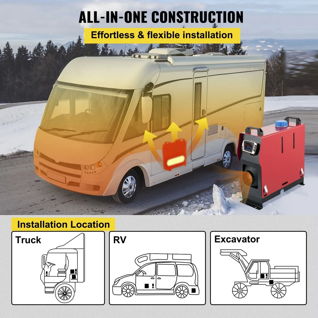 VEVORbrand Diesel Air Heater All in One 12V 8KW, Diesel Parking with  Switch, Silencer, Wireless Control and One Air Outlet for Car, Bus, Truck, Boat Trailer Motorhomes Engineering Vehicles