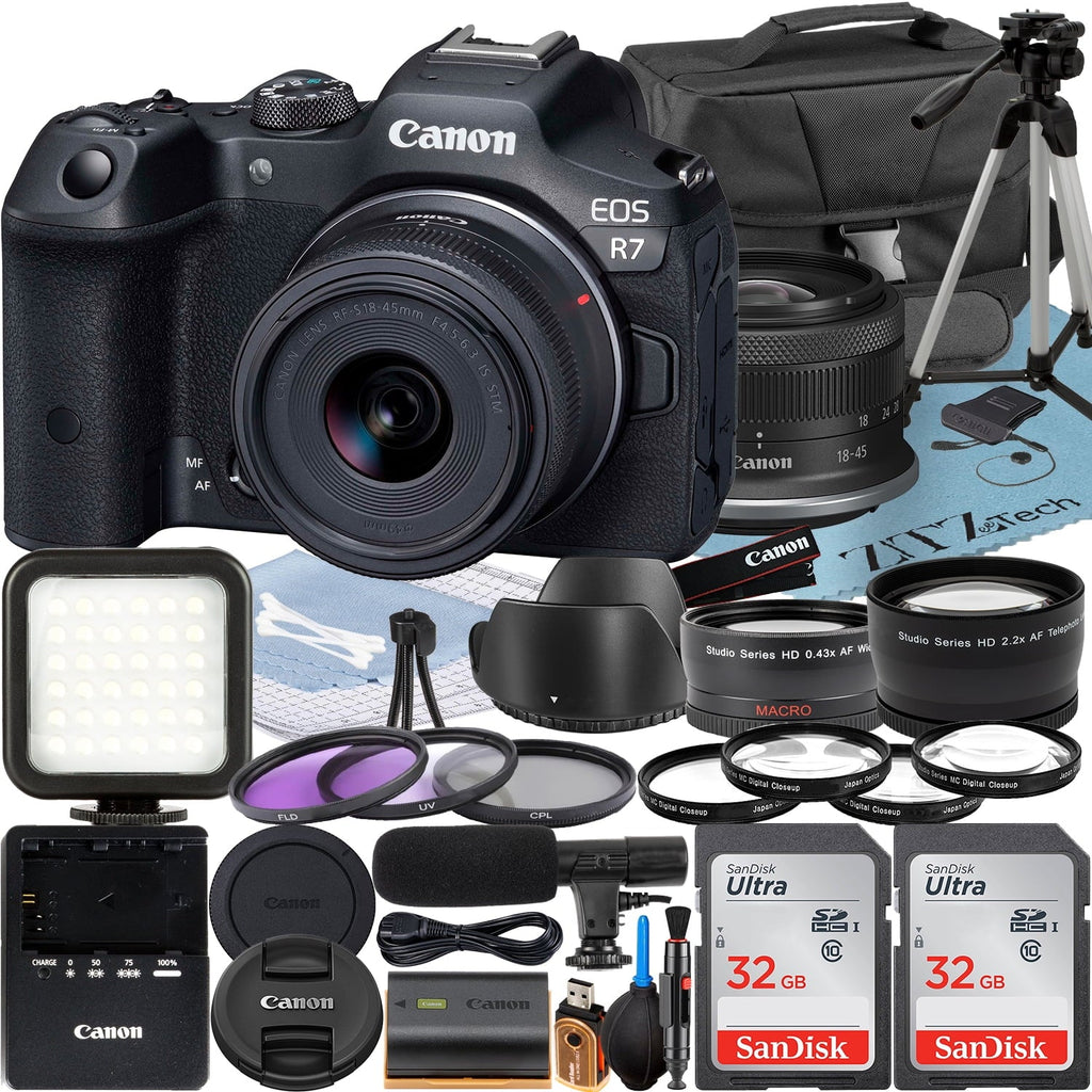 Canon  R7 Mirrorless Camera with -S 18-45mm Lens + Mount Adapter + 2 Pack SanDisk 32GB Memory Card + Case + ZeeTech Accessory