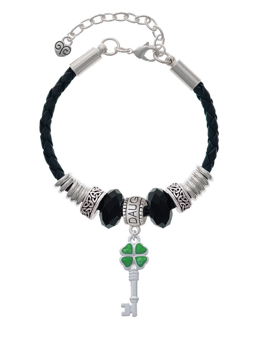 Delight Jewelry Silvertone Translucent Green Lucky Four Leaf Clover Key Daughter Celtic Knot Leather Bead Bracelet, 7"+2" Extender