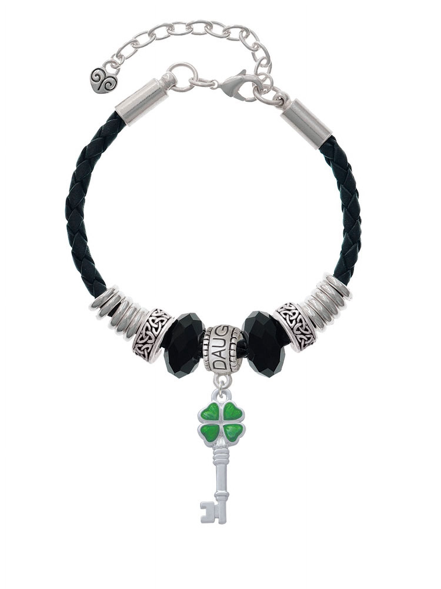 Delight Jewelry Silvertone Translucent Green Lucky Four Leaf Clover Key Daughter Celtic Knot Leather Bead Bracelet, 7"+2" Extender