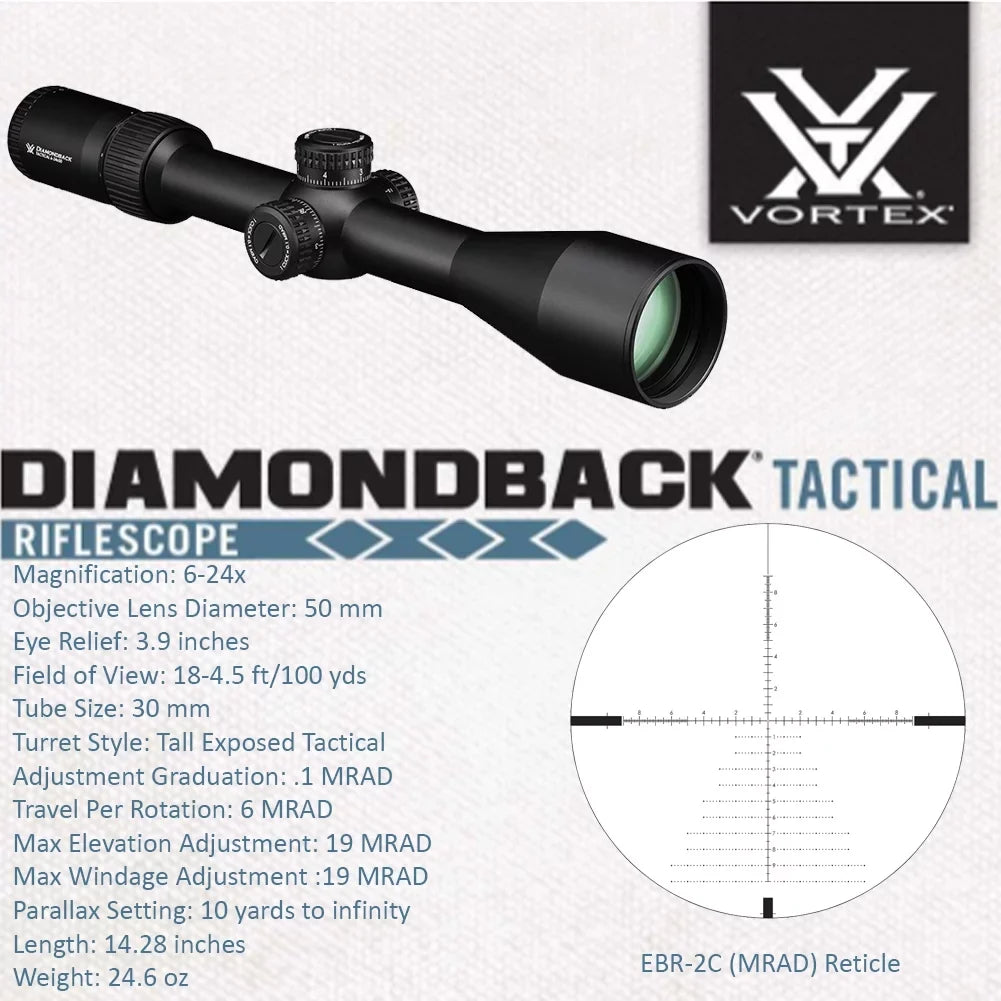 Vortex Optics Diamondback Tactical 6-24x50  -2C () Riflescope with Vortex High Rings (1.18in, 30mm) and Free Hat Bundle