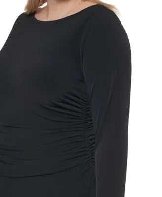 Womens Black Stretch Ruched Zippered Long Sleeve Round Neck Midi Wear To Work Sheath Dress Plus 16W