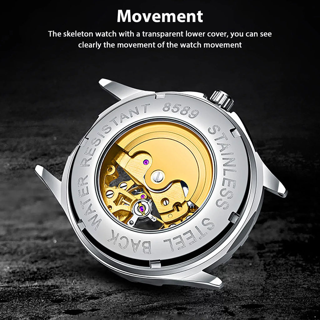 Men's Automatic Mechanical Stainless Steel Watch Luxury Business Hollow Skeleton